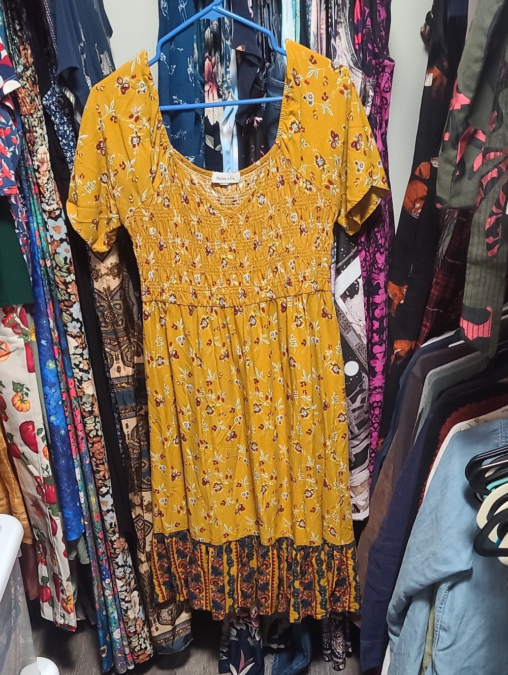 Mustard Floral Smocked Midi Dress Hailey & Co Large